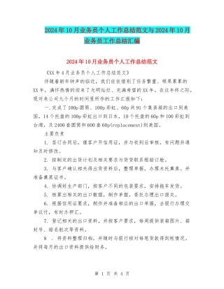 2024年10月业务员个人工作总结范文与2024年10月业务员工作总结汇编