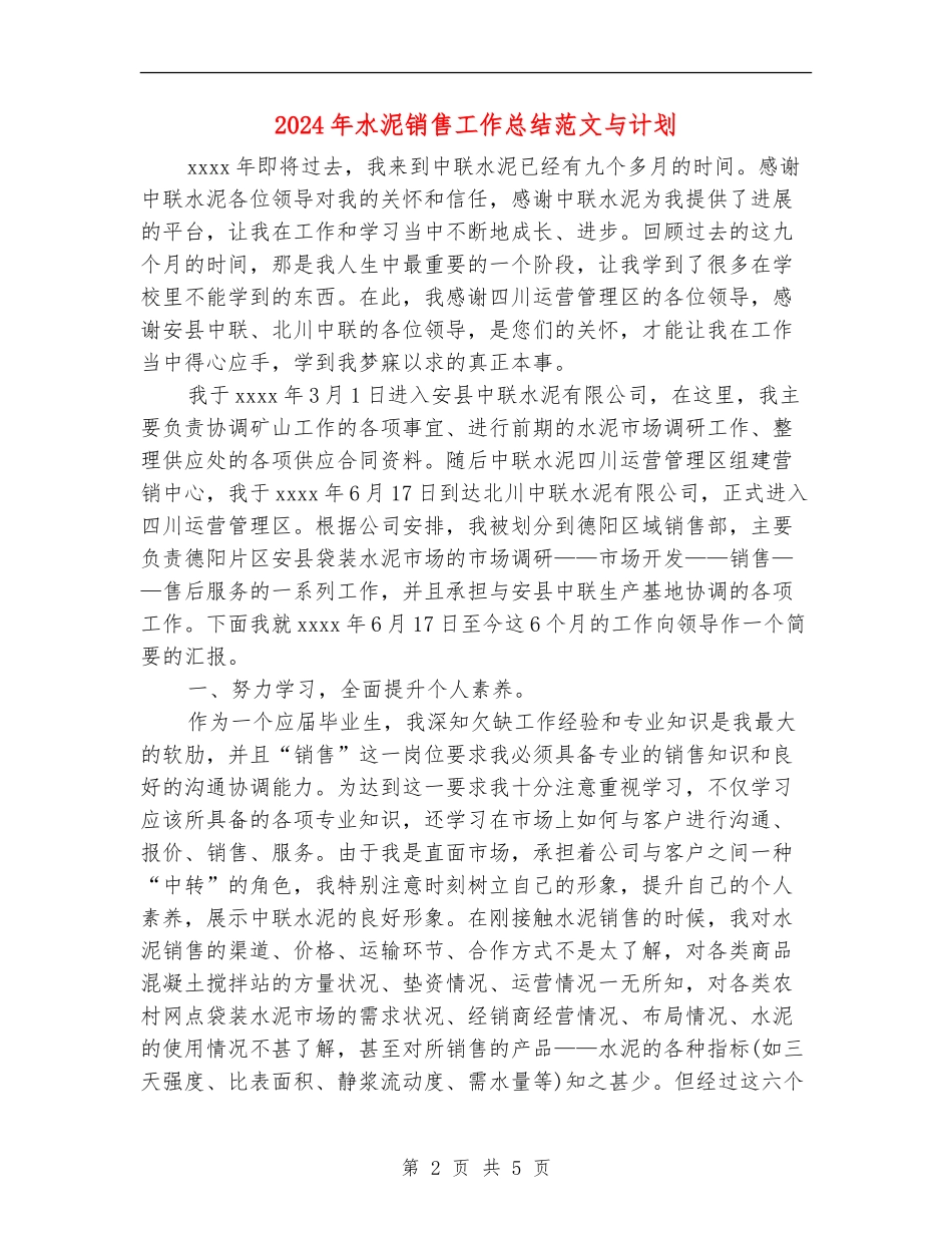 2024年水泥销售工作总结范文与计划_第2页