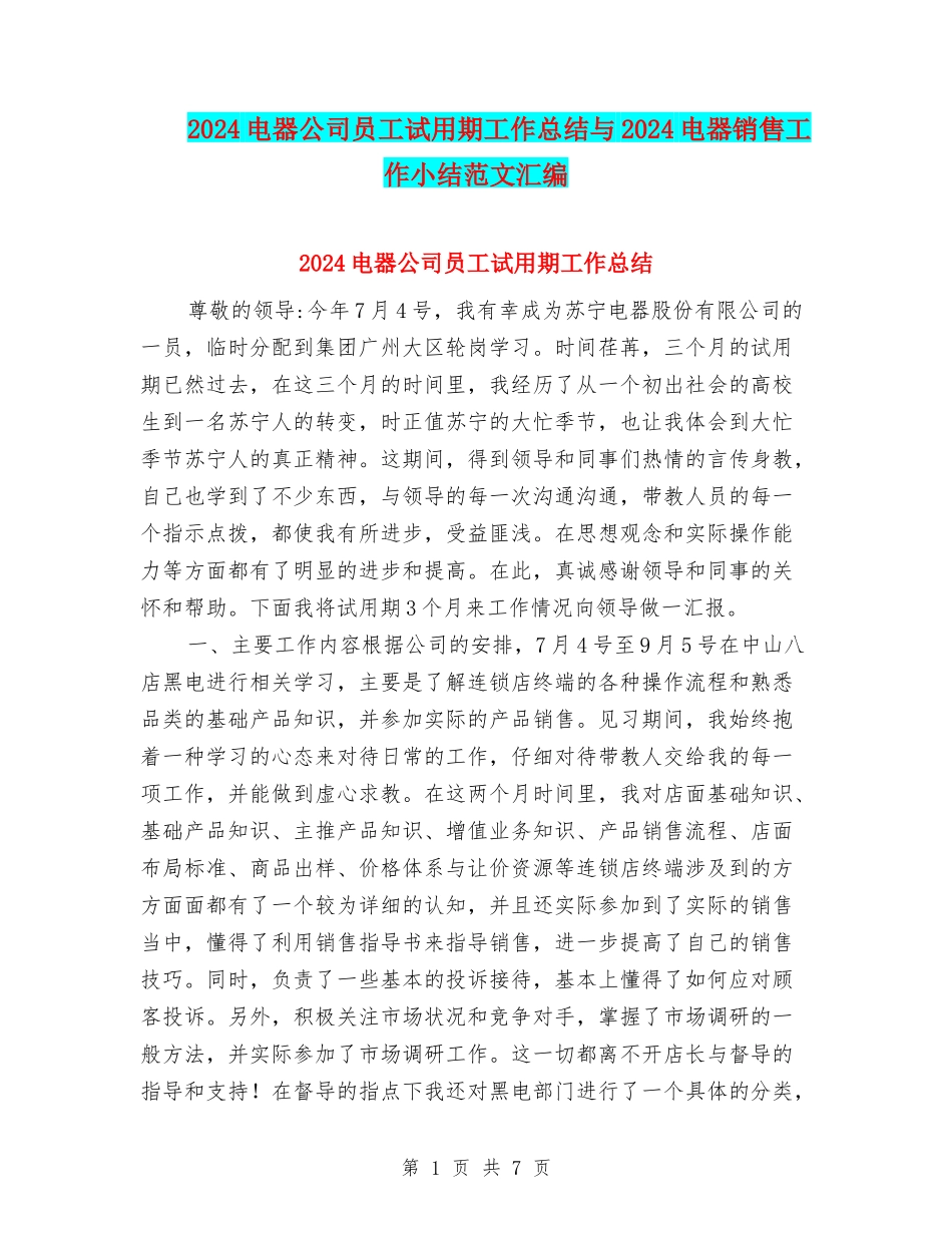 2024电器公司员工试用期工作总结与2024电器销售工作小结范文汇编_第1页
