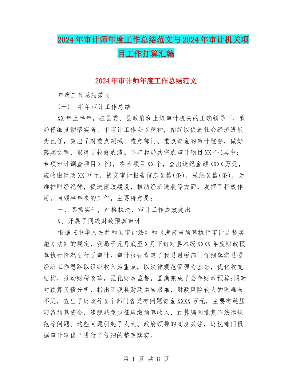 2024年审计师年度工作总结范文与2024年审计机关项目工作打算汇编_第1页