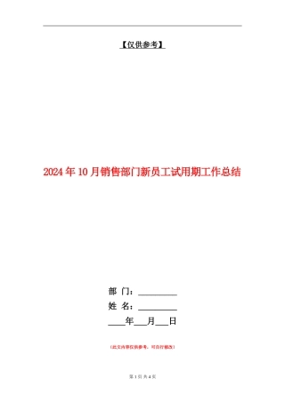 2024年10月销售部门新员工试用期工作总结