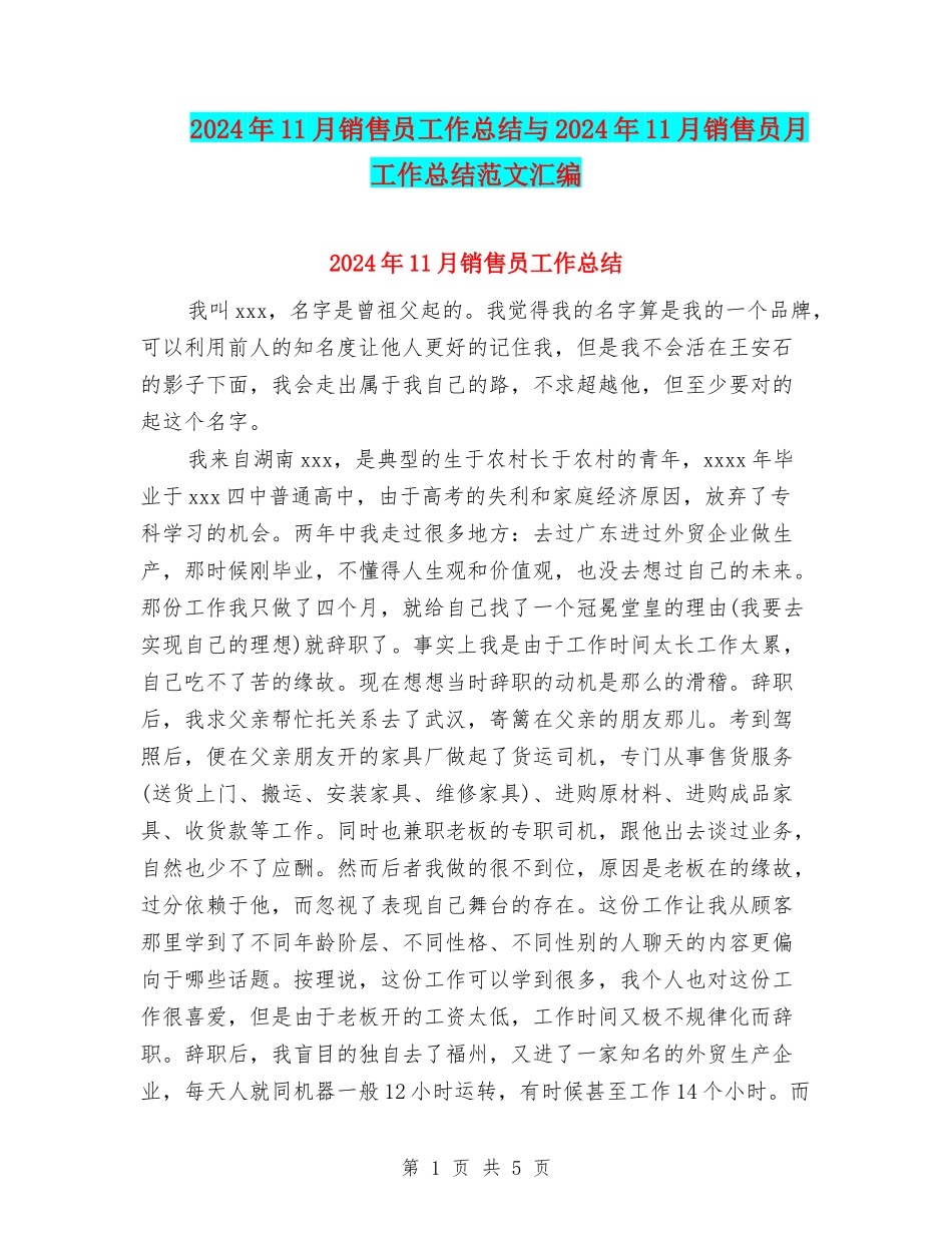 2024年11月销售员工作总结与2024年11月销售员月工作总结范文汇编_第1页