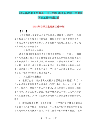 2024年公共卫生服务工作计划与2024年公共卫生服务项目工作计划汇编