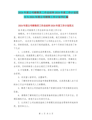 2024年度公司销售员工作总结和2024年度工作计划范文与2024年度公司销售工作计划书汇编