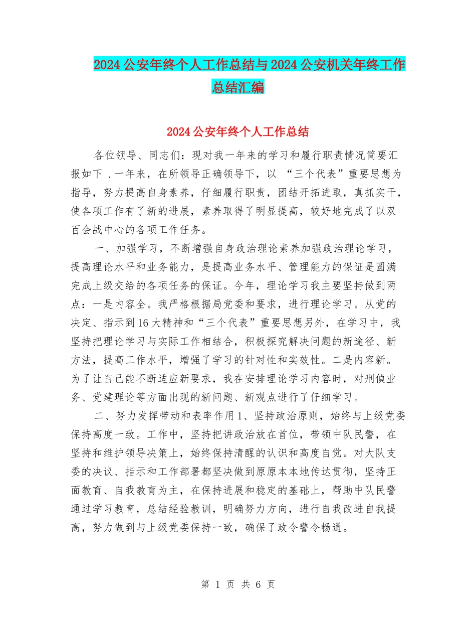 2024公安年终个人工作总结与2024公安机关年终工作总结汇编_第1页