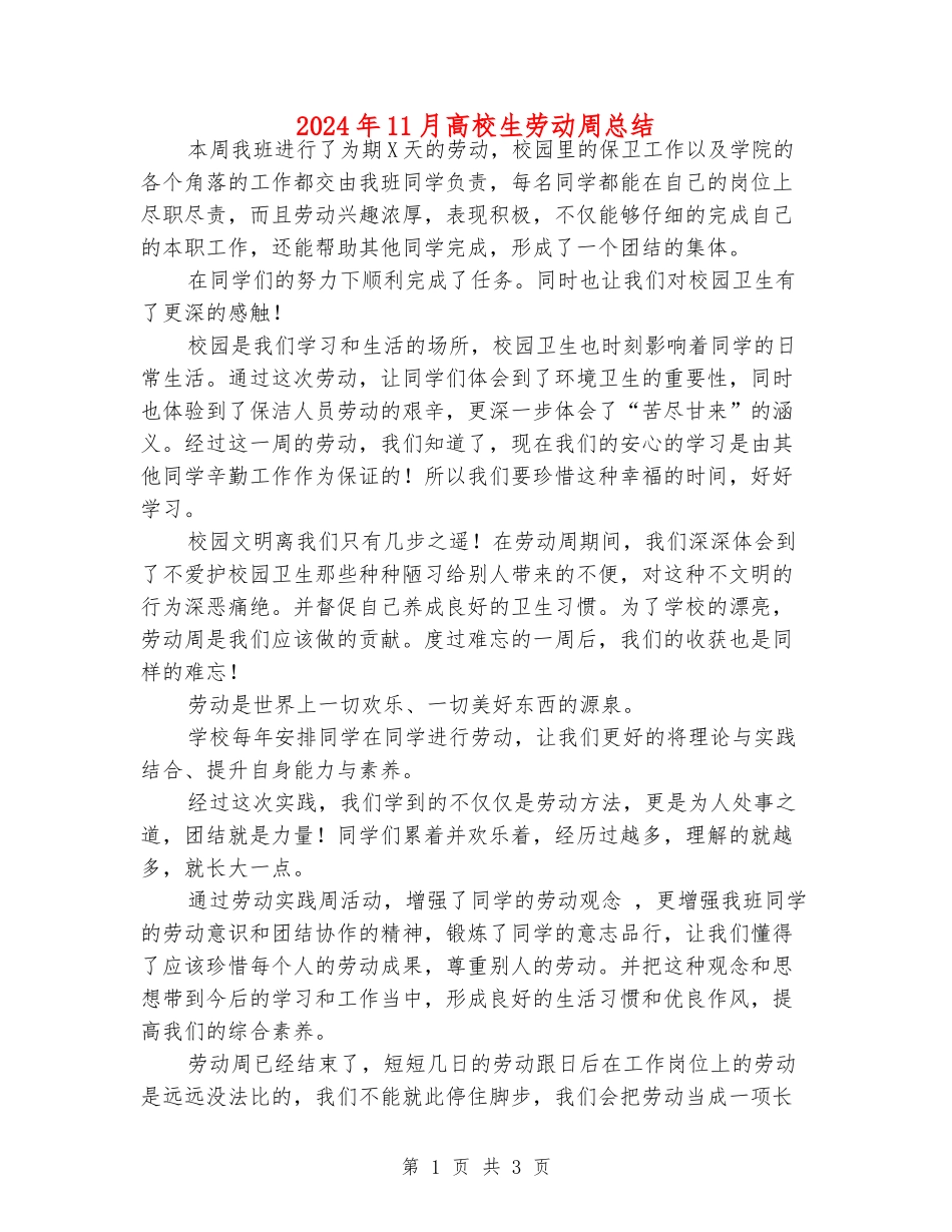 2024年11月大学生劳动周总结_第1页