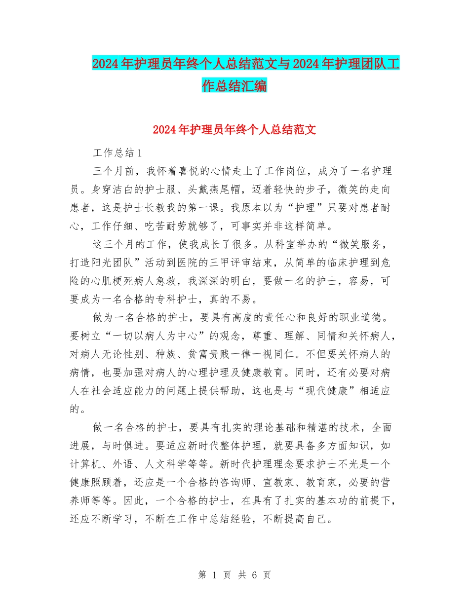 2024年护理员年终个人总结范文与2024年护理团队工作总结汇编_第1页