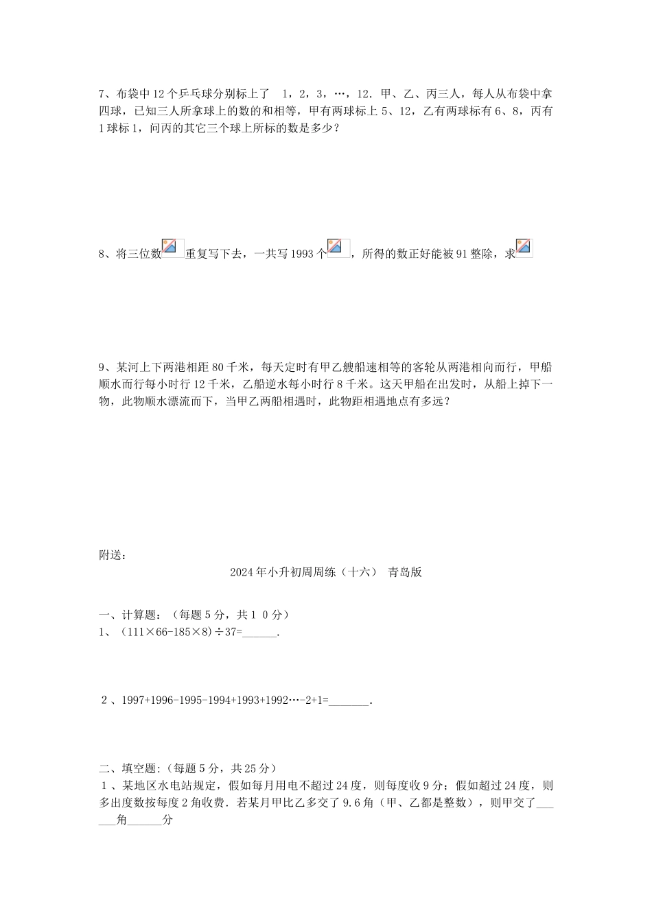 2024年小升初周周练(十八)-青岛版_第3页