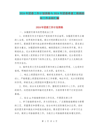 2024年团委工作计划表格与2024年团委希望工程捐助站工作总结汇编