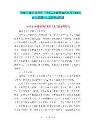 2024年10月辅导员工作个人工作总结范文与2024年10月通用个人工作总结汇编