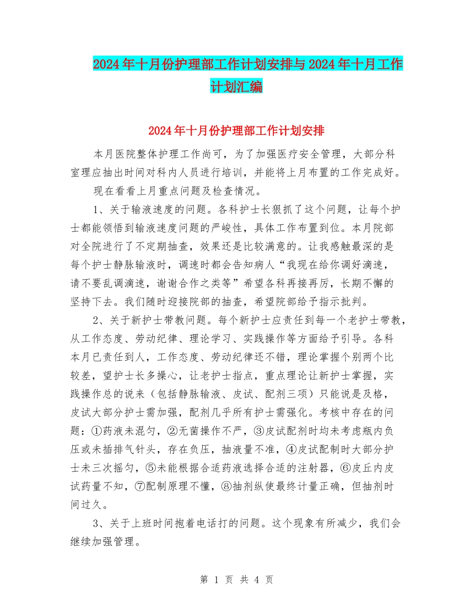 2024年十月份护理部工作计划安排与2024年十月工作计划汇编_第1页