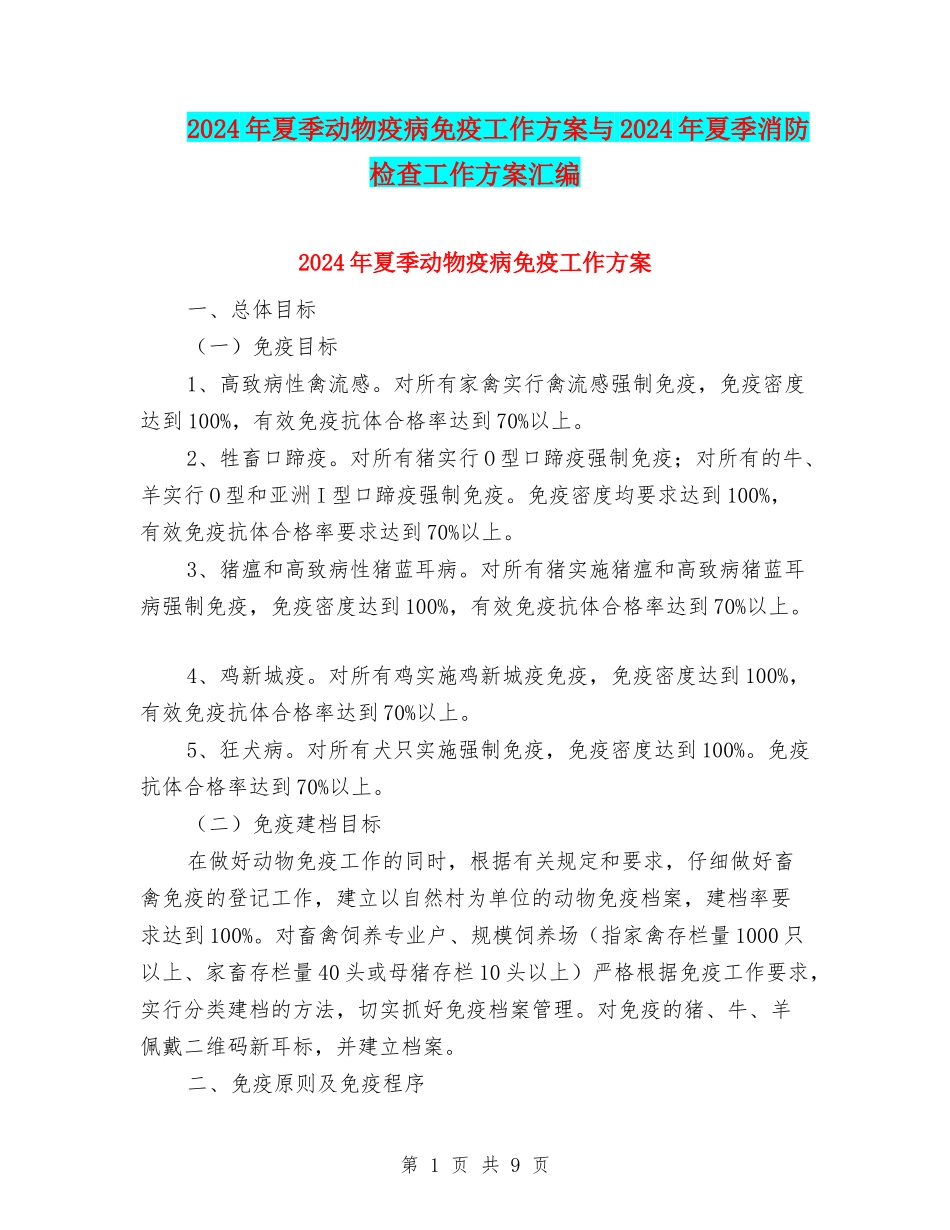 2024年夏季动物疫病免疫工作方案与2024年夏季消防检查工作方案汇编_第1页