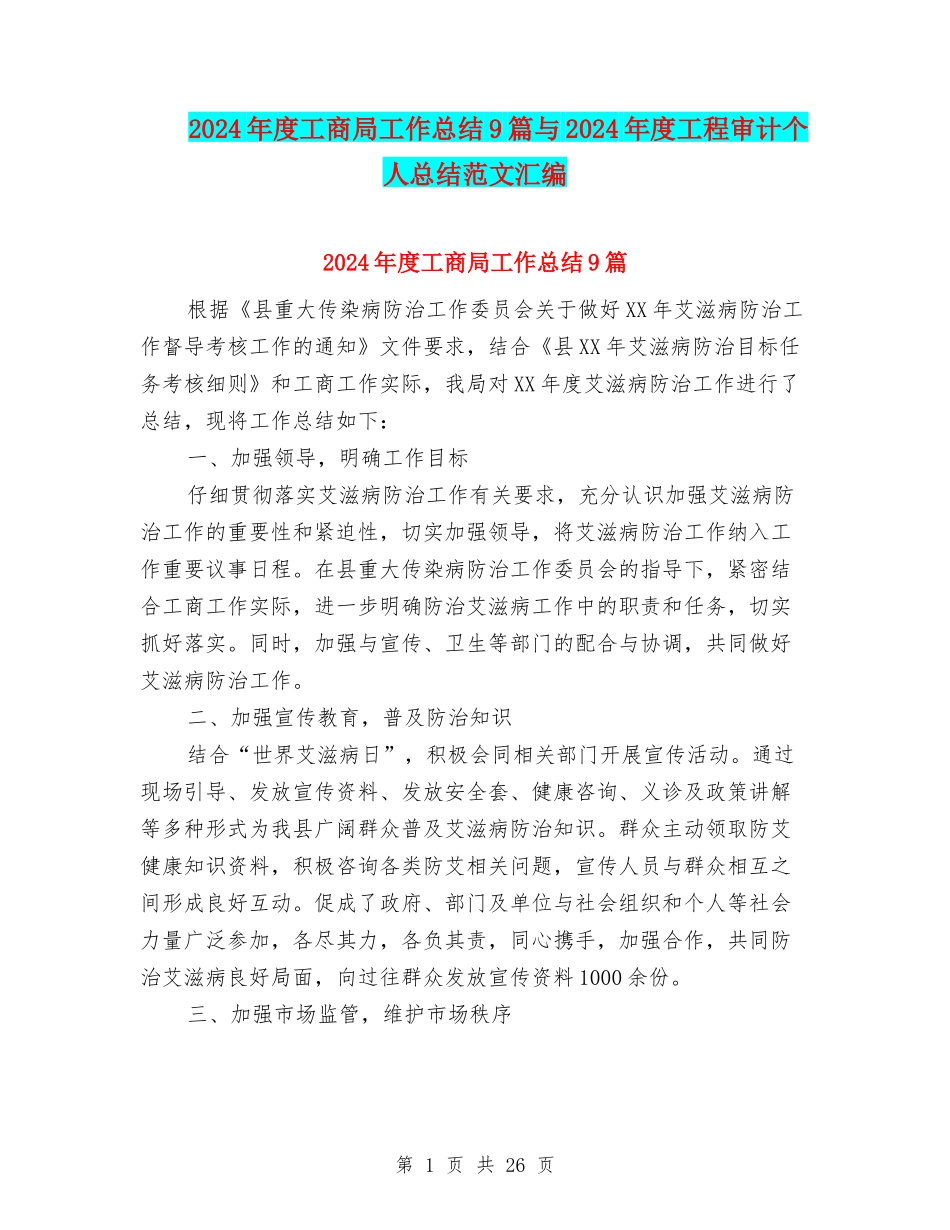 2024年度工商局工作总结9篇与2024年度工程审计个人总结范文汇编_第1页