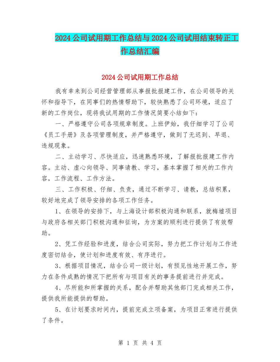 2024公司试用期工作总结与2024公司试用结束转正工作总结汇编_第1页
