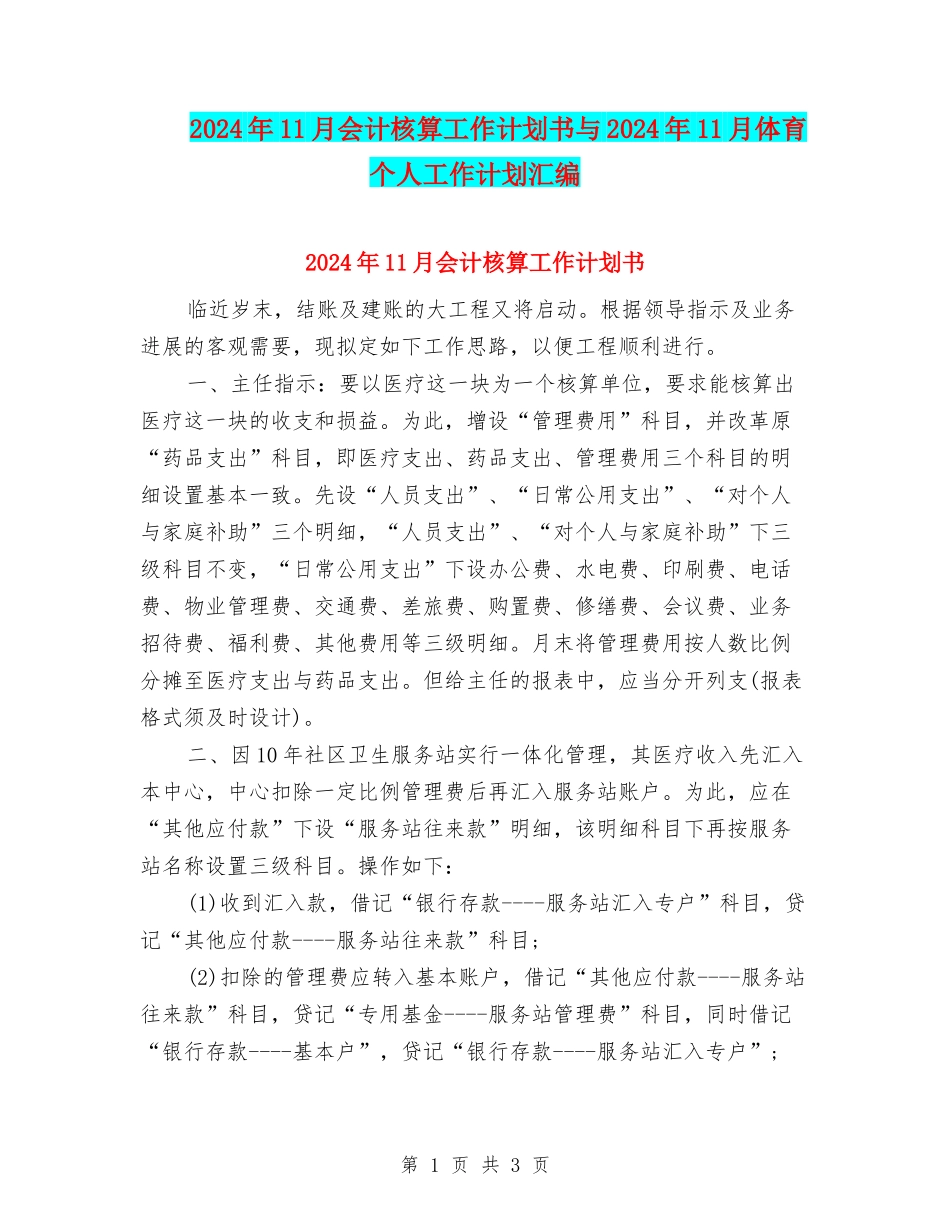 2024年11月会计核算工作计划书与2024年11月体育个人工作计划汇编_第1页