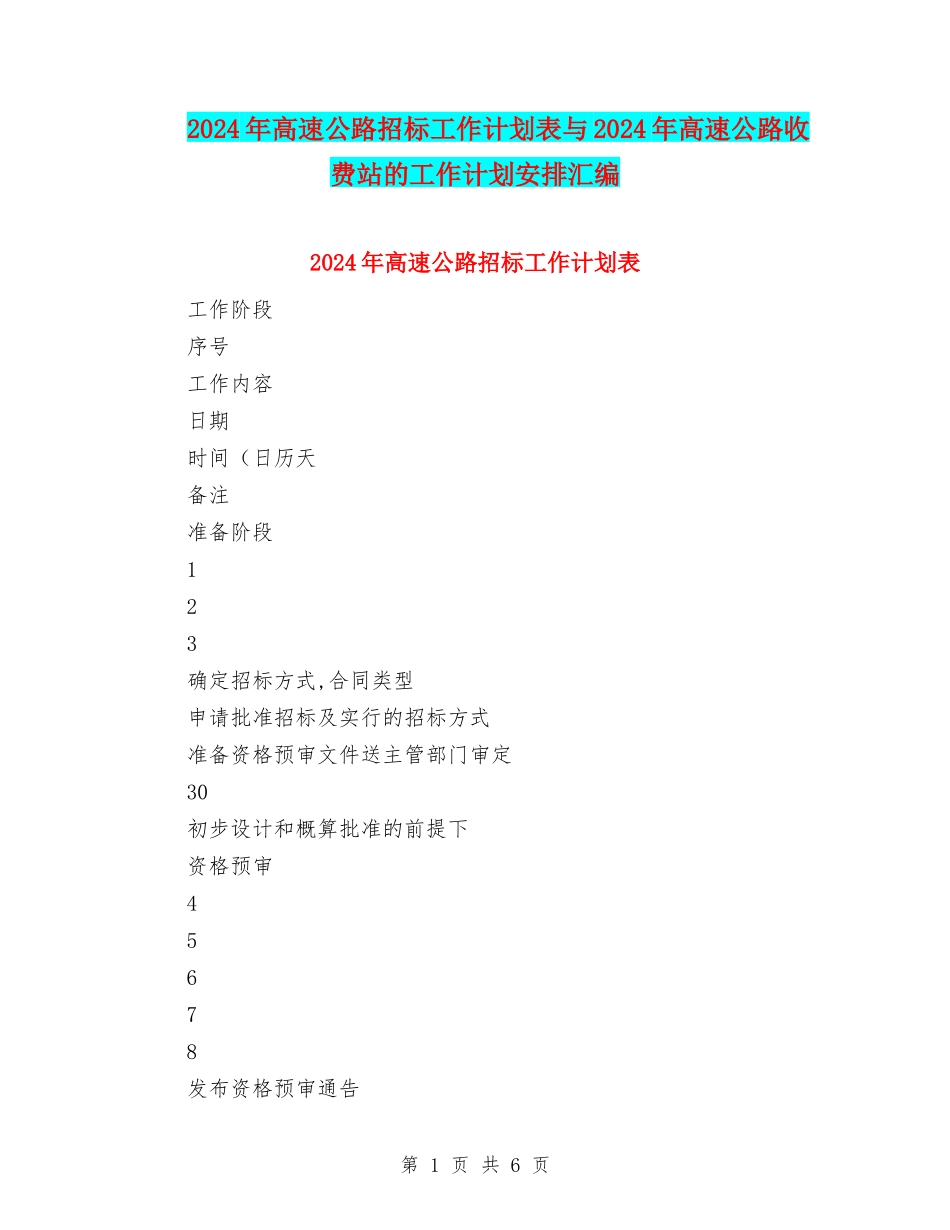 2024年高速公路招标工作计划表与2024年高速公路收费站的工作计划安排汇编_第1页