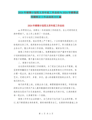 2024年销售计划范文员年底工作总结与2024年销售试用期转正工作总结范文汇编