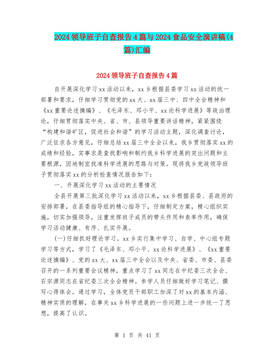 2024领导班子自查报告4篇与2024食品安全演讲稿汇编_第1页