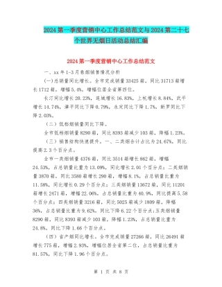 2024第一季度营销中心工作总结范文与2024第二十七个世界无烟日活动总结汇编