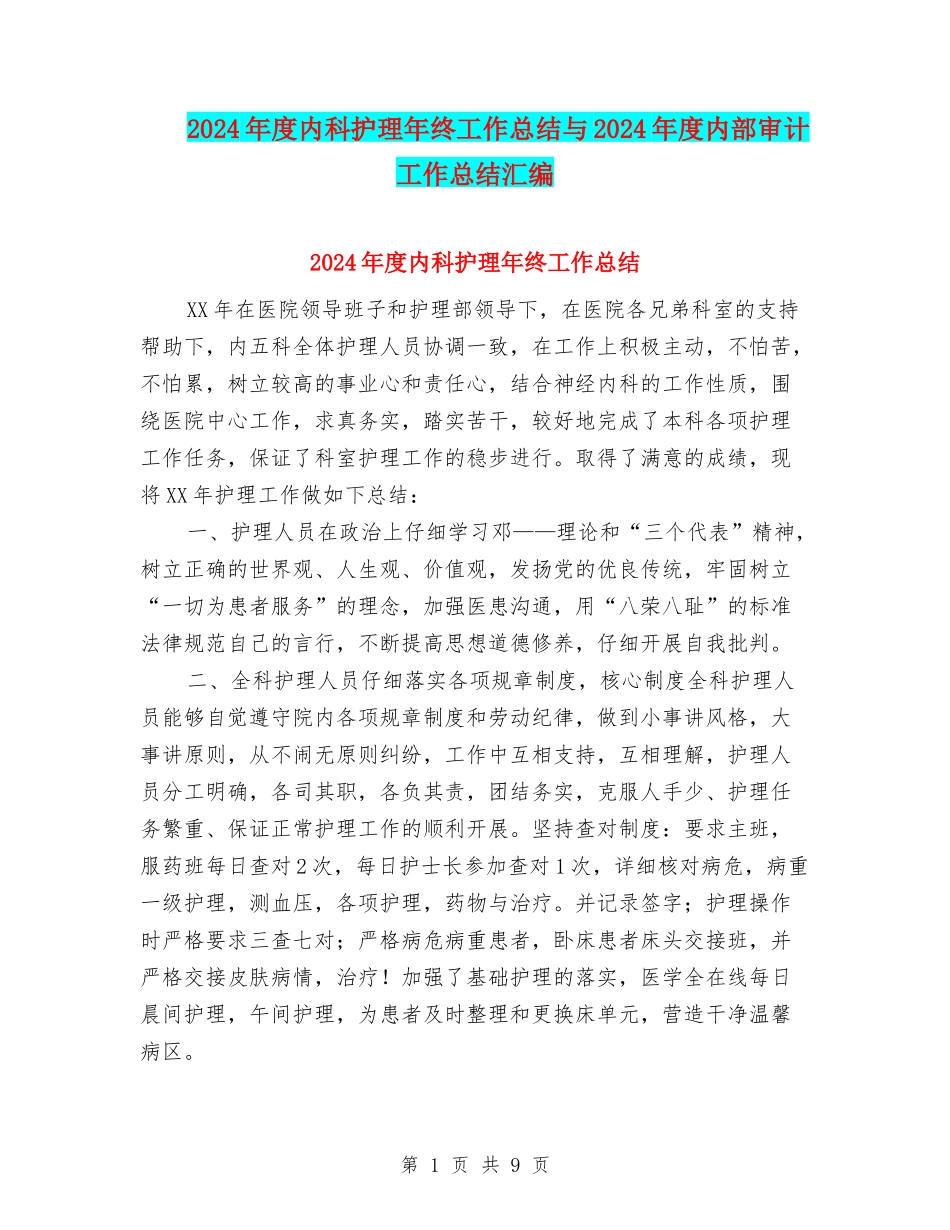 2024年度内科护理年终工作总结与2024年度内部审计工作总结汇编_第1页