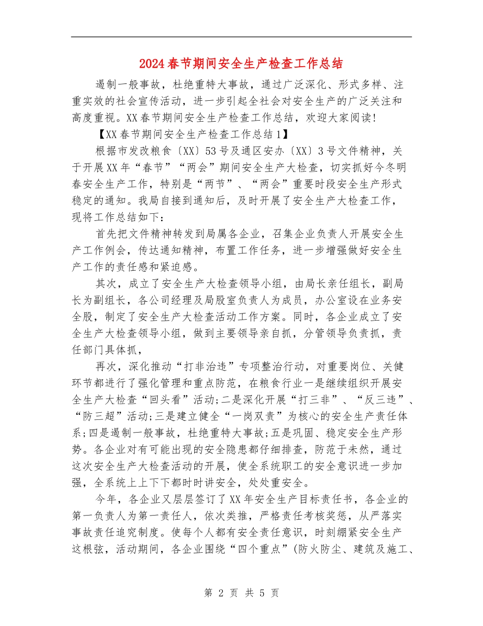 2024春节期间安全生产检查工作总结_第2页