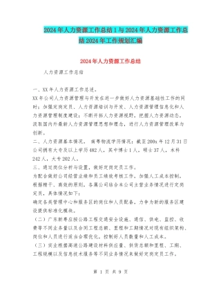 2024年人力资源工作总结1与2024年人力资源工作总结2024年工作规划汇编