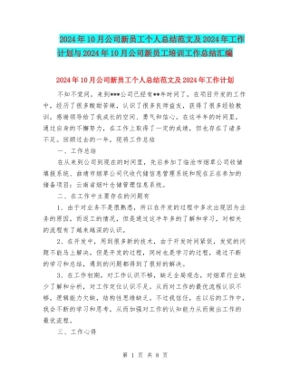 2024年10月公司新员工个人总结范文及2024年工作计划与2024年10月公司新员工培训工作总结汇编