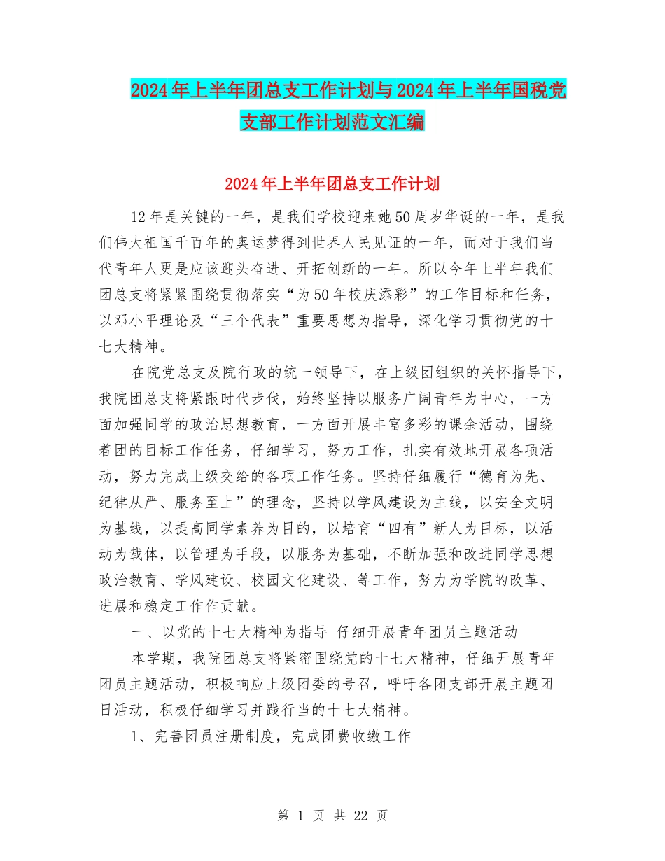 2024年上半年团总支工作计划与2024年上半年国税党支部工作计划范文汇编_第1页