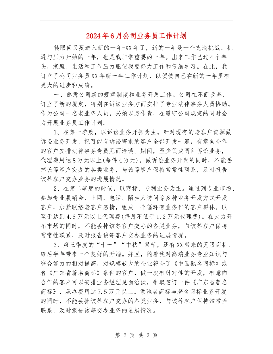 2024年6月公司业务员工作计划_第2页