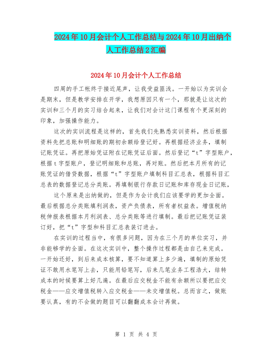 2024年10月会计个人工作总结与2024年10月出纳个人工作总结2汇编_第1页