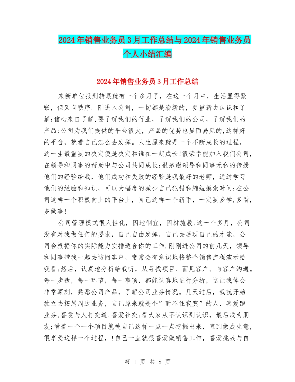 2024年销售业务员3月工作总结与2024年销售业务员个人小结汇编_第1页