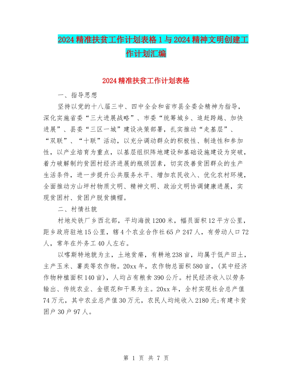 2024精准扶贫工作计划表格1与2024精神文明创建工作计划汇编_第1页
