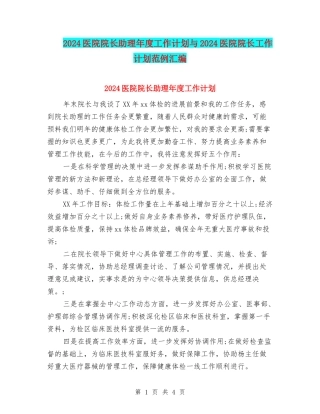 2024医院院长助理年度工作计划与2024医院院长工作计划范例汇编