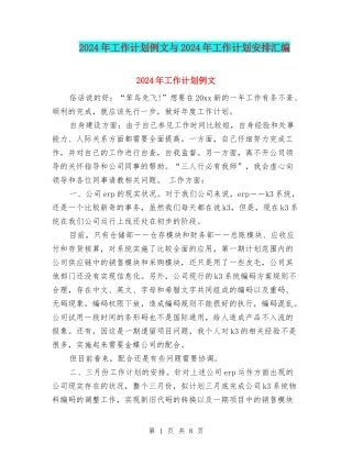 2024年工作计划例文与2024年工作计划安排汇编