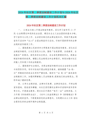 2024年社区第二季度法制建设工作计划与2024年社区第二季度法制建设工作计划范本汇编