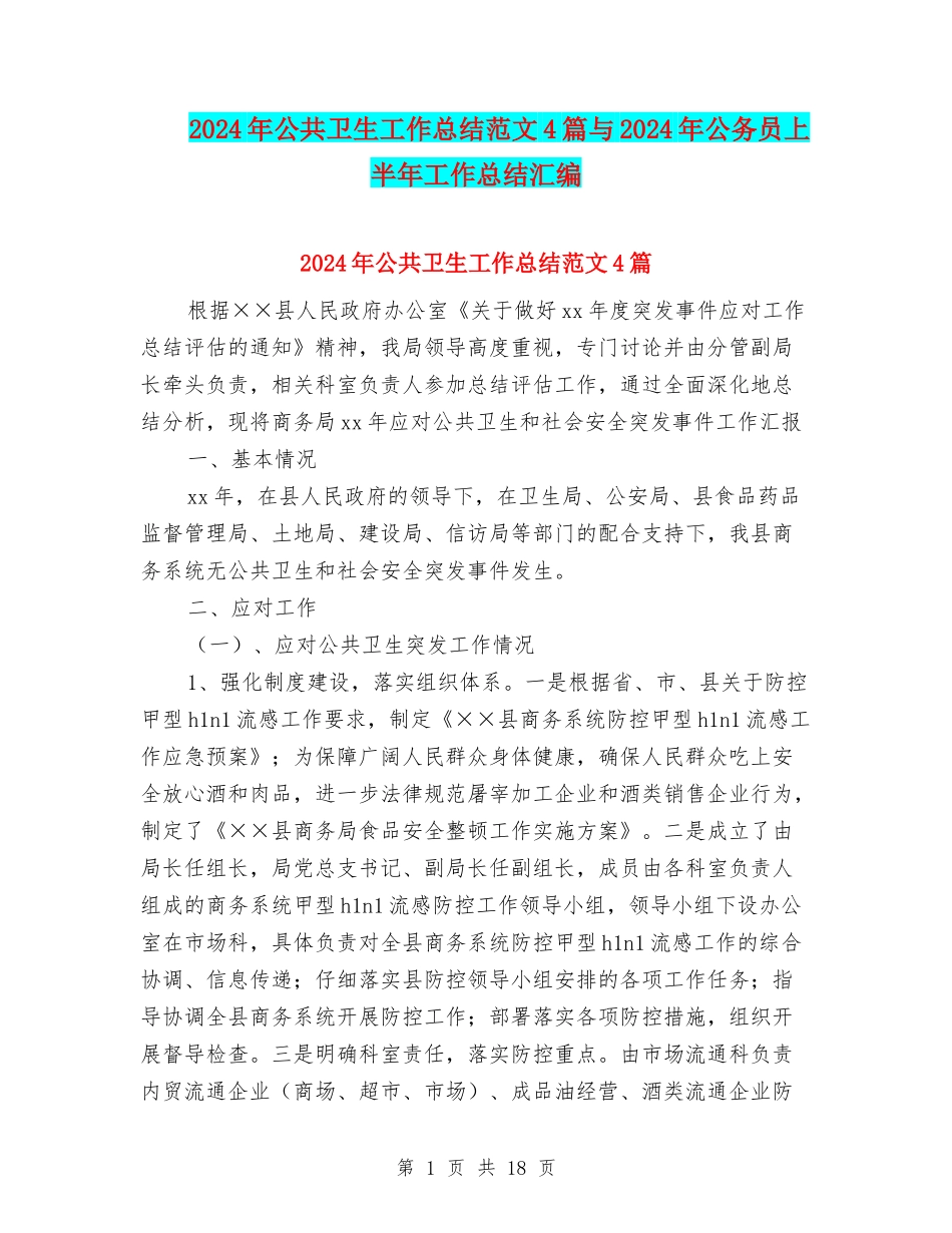2024年公共卫生工作总结范文4篇与2024年公务员上半年工作总结汇编_第1页