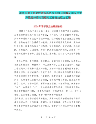 2024年青干班党性锻炼总结与2024年非煤矿山安全生产隐患排查专项整治工作总结范文汇编