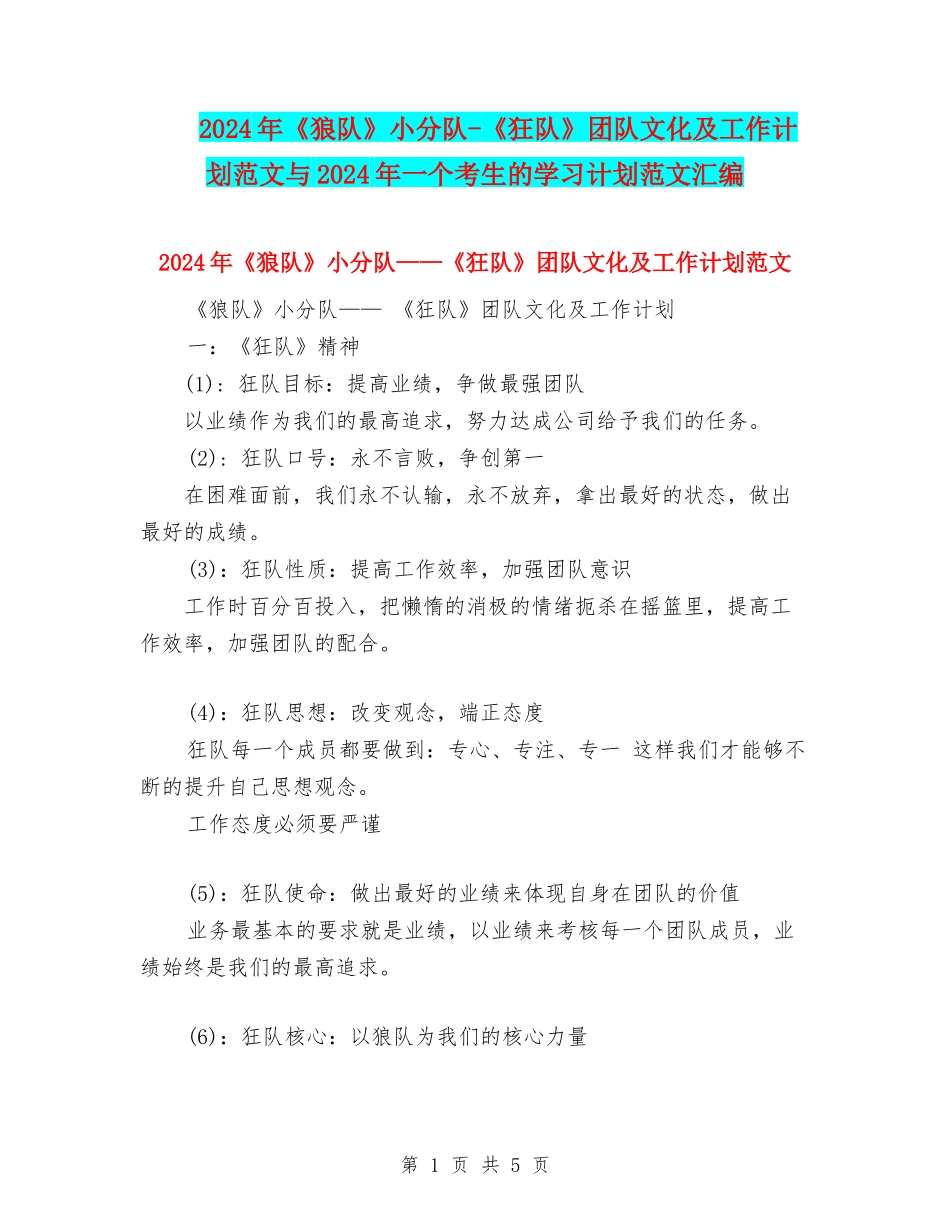 2024年《狼队》小分队-《狂队》团队文化及工作计划范文与2024年一个考生的学习计划范文汇编_第1页