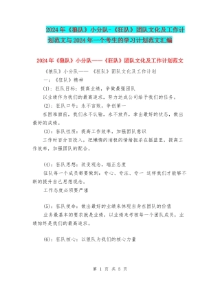 2024年《狼队》小分队-《狂队》团队文化及工作计划范文与2024年一个考生的学习计划范文汇编