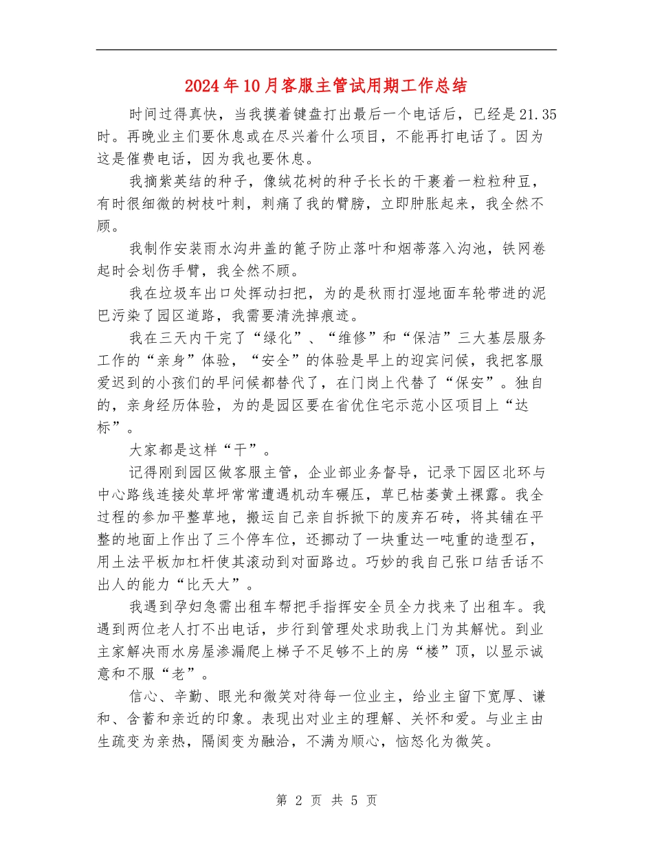 2024年10月客服主管试用期工作总结_第2页