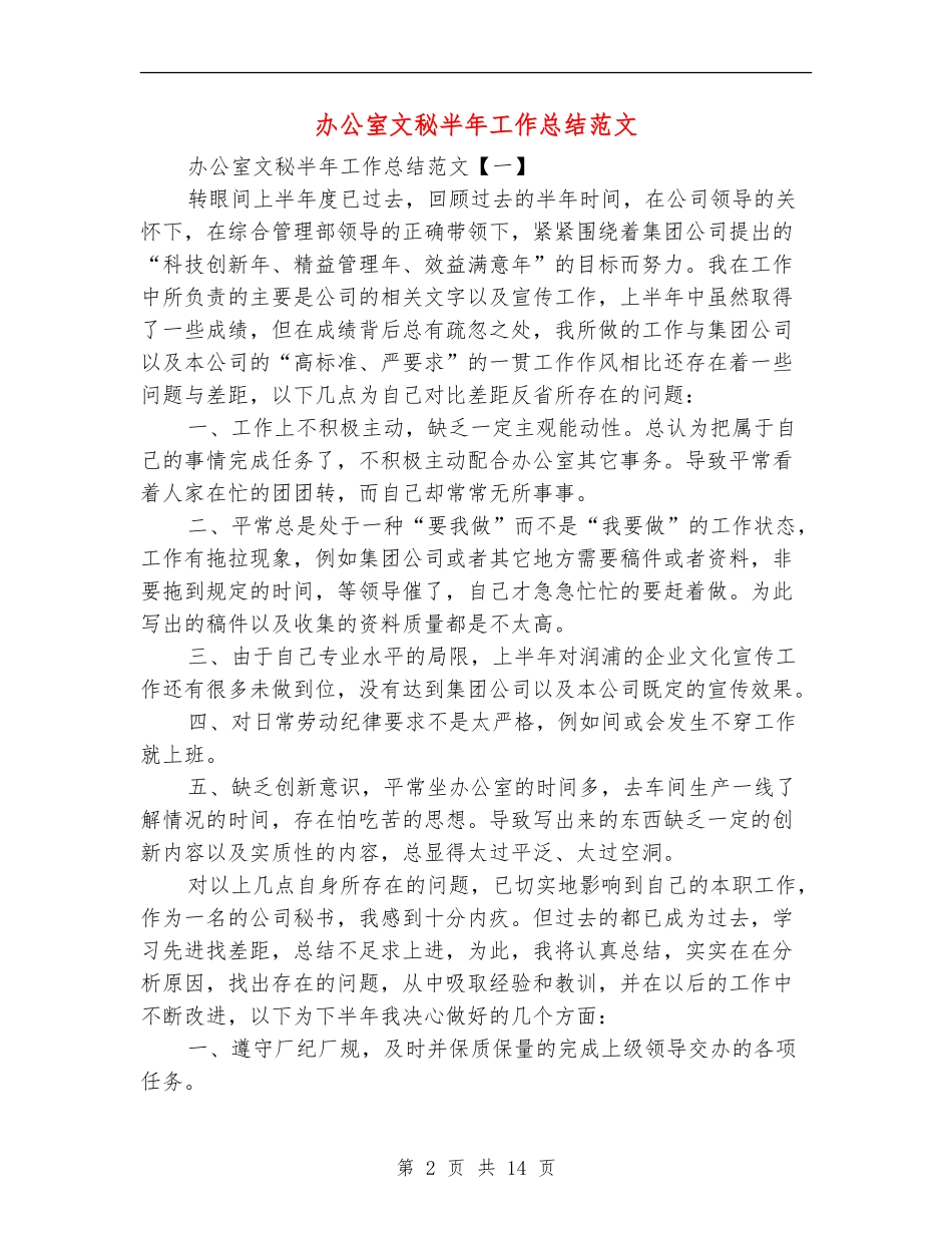 办公室文秘半年工作总结范文_第2页