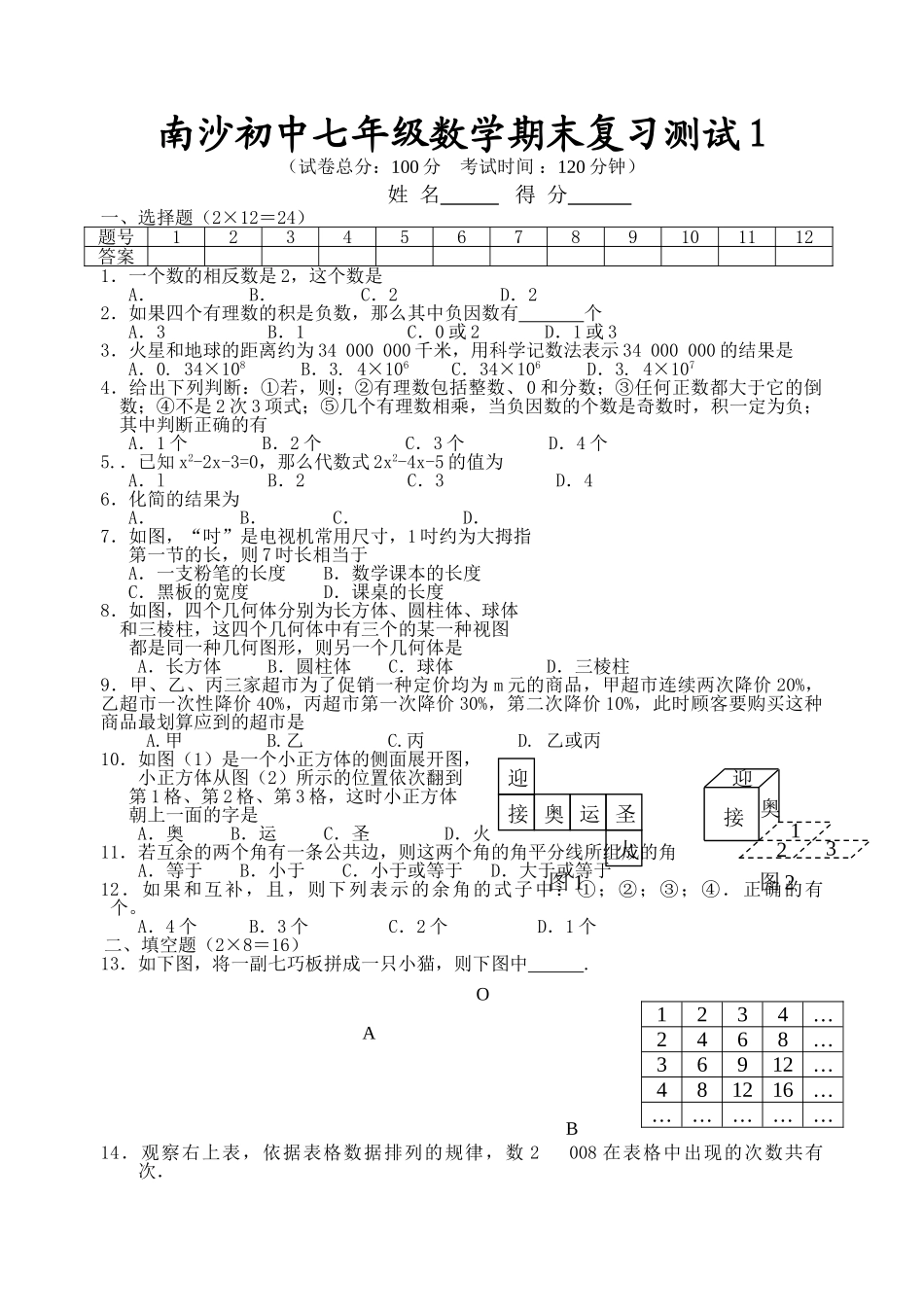 泰兴南沙试验学校七年级复习测试卷苏教版 _第1页