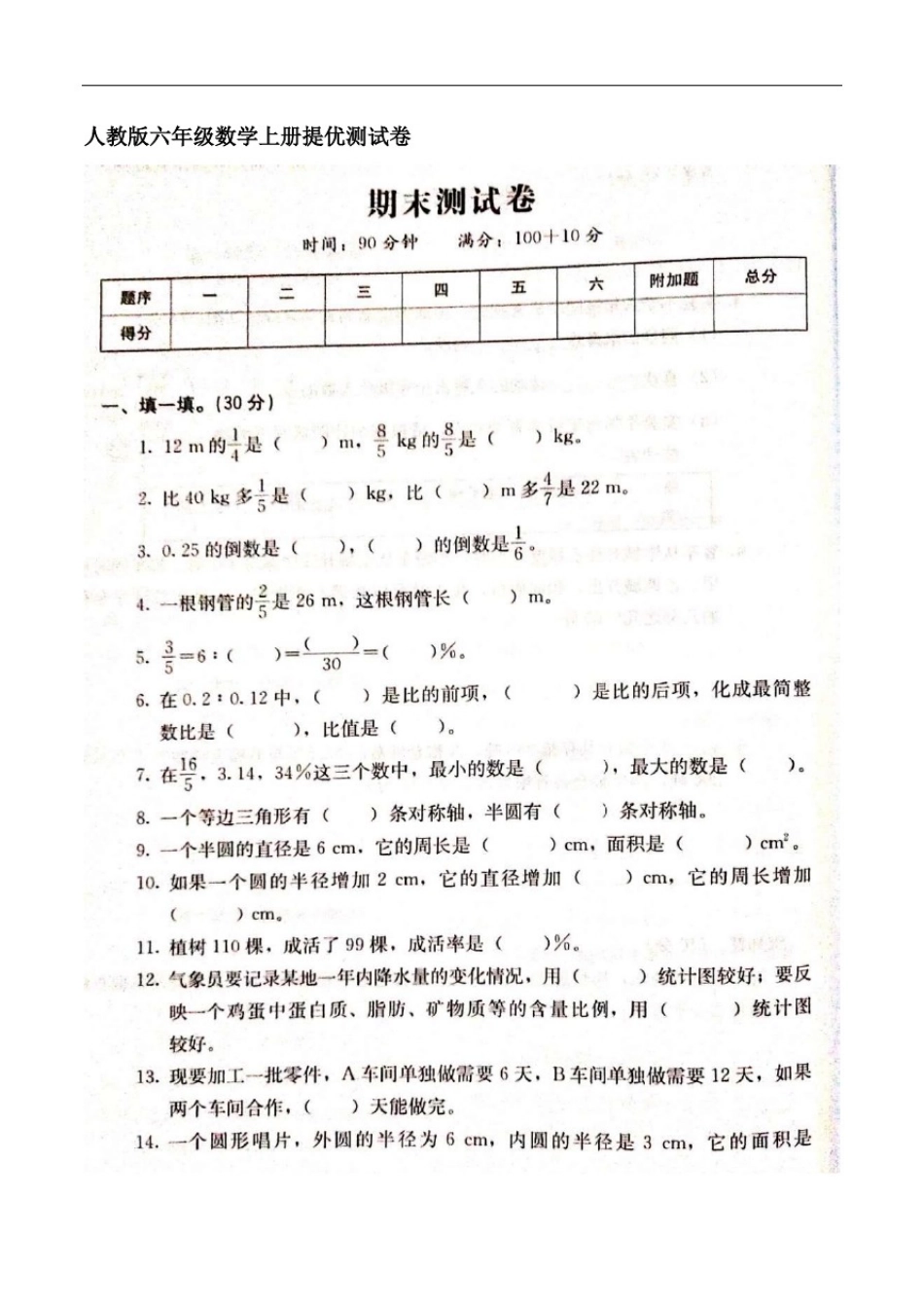 人教版六年级数学上册期末提优测试卷(含答案)_第1页