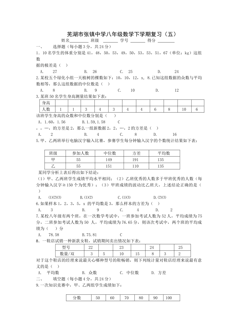 芜湖市张镇八年级数学下学期复习新课标人教版4 _第1页