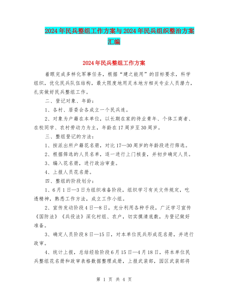 2024年民兵整组工作方案与2024年民兵组织整治方案汇编_第1页
