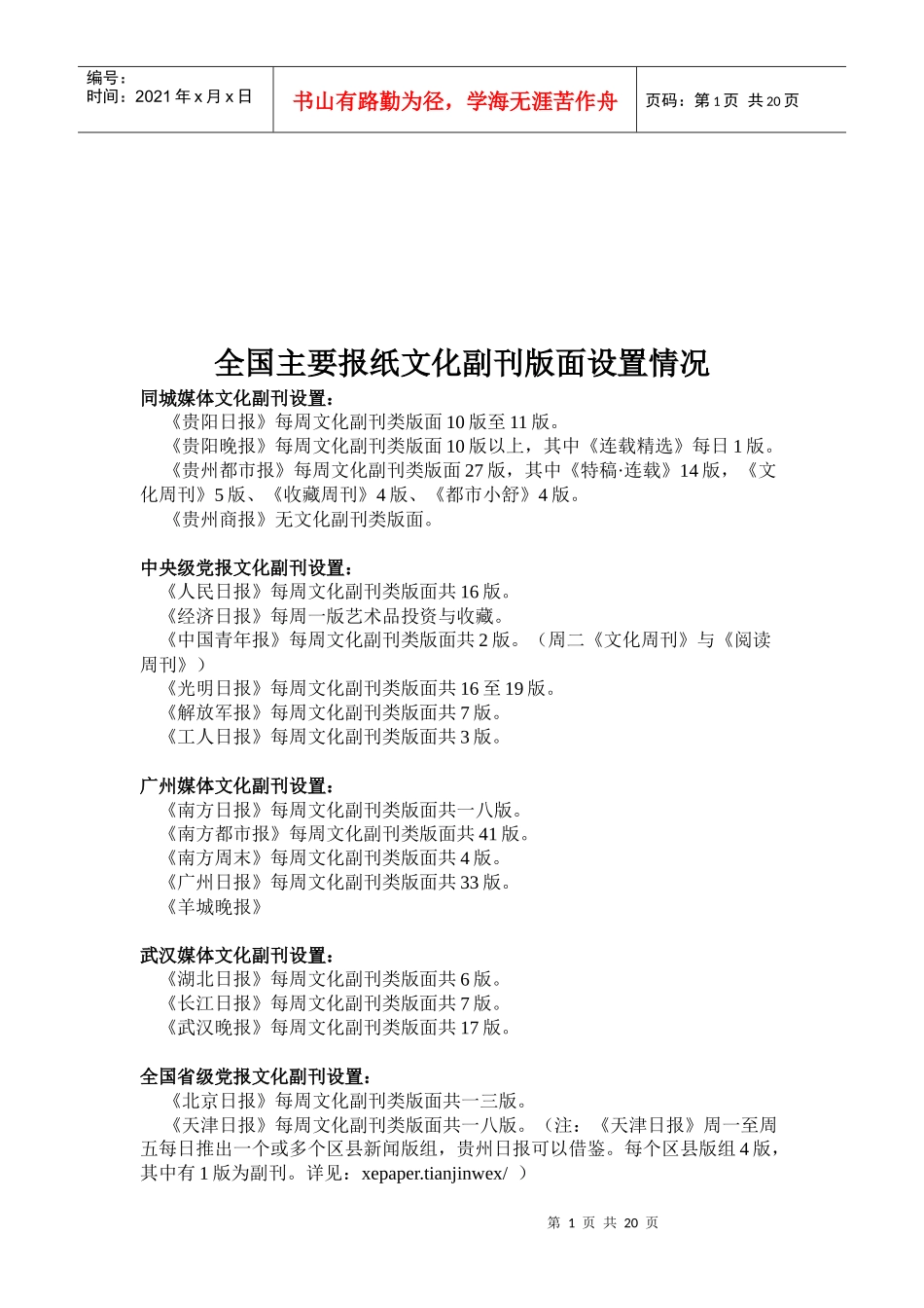 全国主要报纸文化副刊版面设置情况介绍_第1页