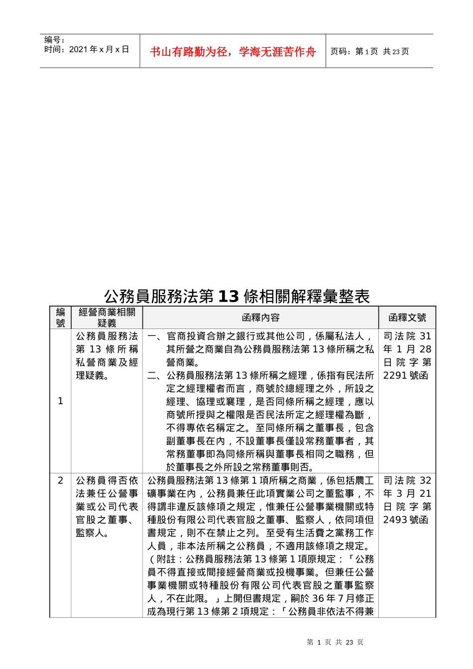 公务员服务法第13条相关解释汇整表_第1页