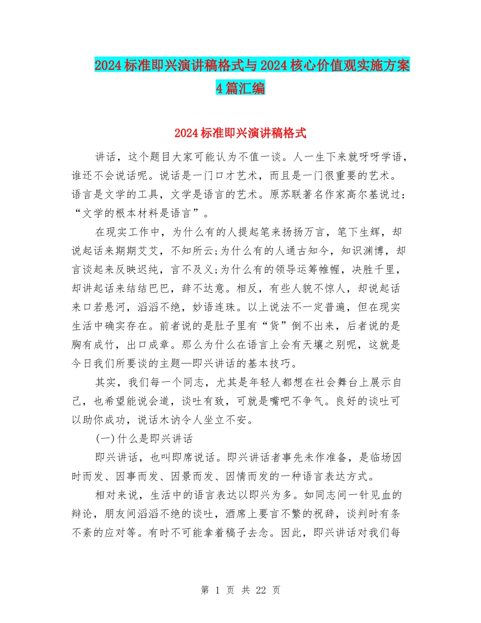 2024标准即兴演讲稿格式与2024核心价值观实施方案4篇汇编_第1页
