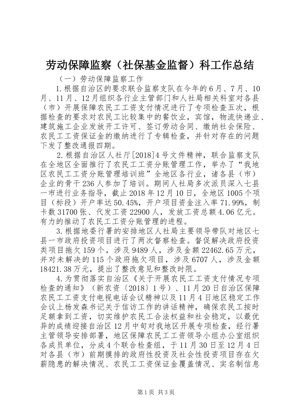 劳动保障监察（社保基金监督）科工作总结_第1页