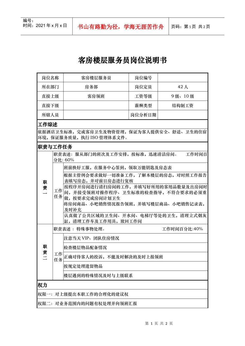 客房楼层服务员岗位说明书_第1页